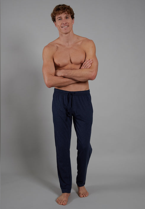 CECEBA Men’s 100% Cotton Blue Check Long Cotton Checked Lounge & Sleep Pants 31046