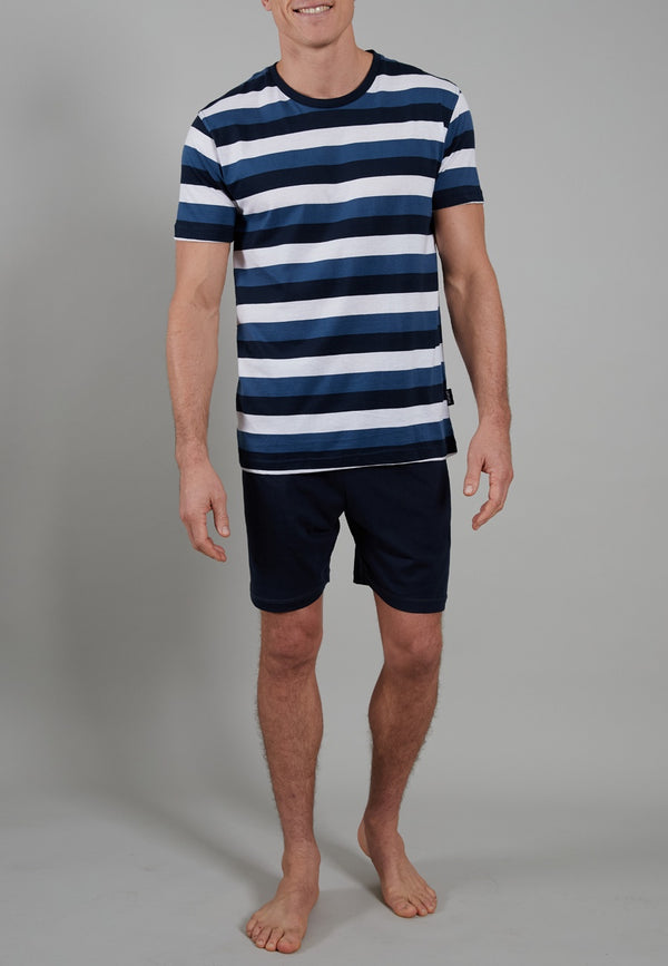 Ceceba Men's Melbourne Short Pyjama Set – Nautical Stripe Top & Shorts, Lightweight Cotton Blend