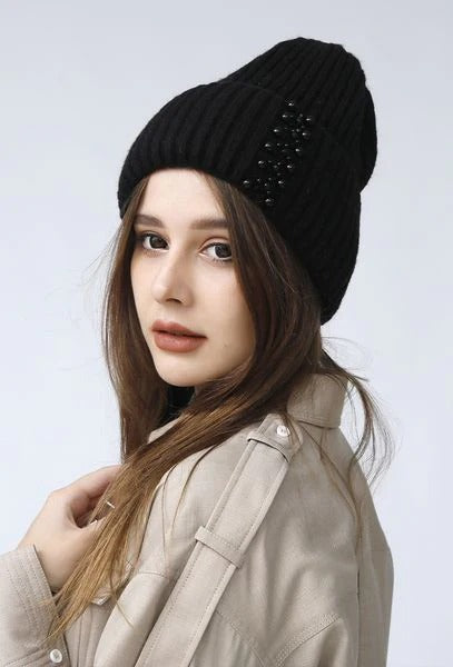 MM Sweet Ribbed Wool Blend Beanie Hat with Pearl Embellishments CM3790 - Black