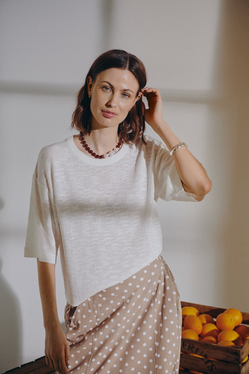 Freequent FQVICKI Short Sleeve Fine Knit Pullover White Drop Shoulder 208117