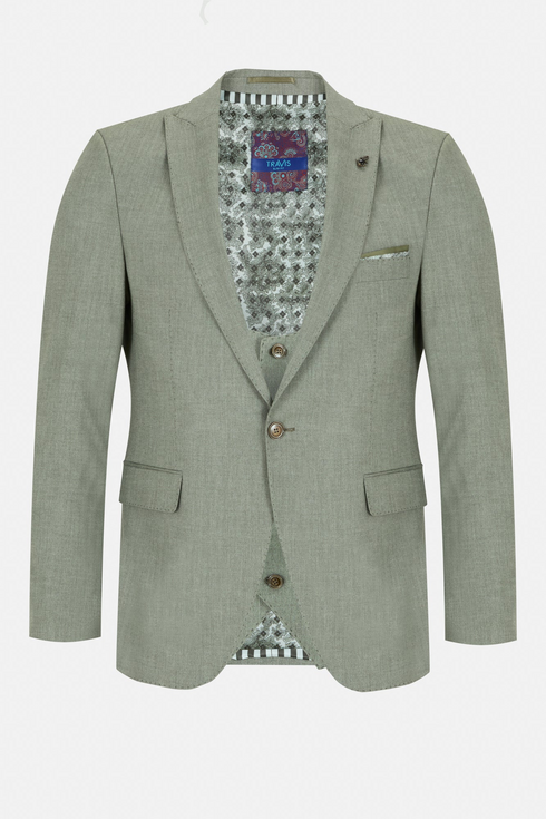 Travis by Benetti Carlos Three-Piece Sage Slim Fit Suit - Scoop Waistcoat & Pleated Trousers