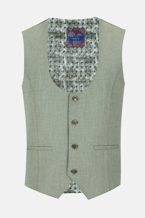 Travis by Benetti Carlos Three-Piece Sage Slim Fit Suit - Scoop Waistcoat & Pleated Trousers