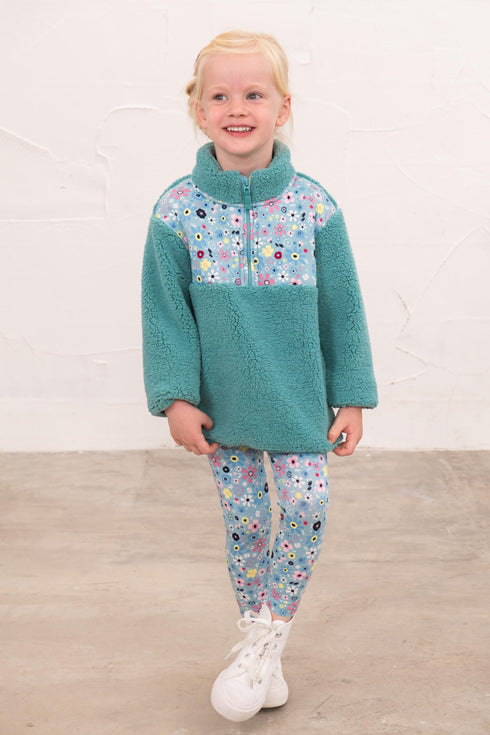 Lighthouse Teal Green Floral Print Funnel Neck Half-Zip Kids Cassie Fleece