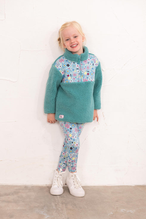 Lighthouse Teal Green Floral Print Funnel Neck Half-Zip Kids Cassie Fleece