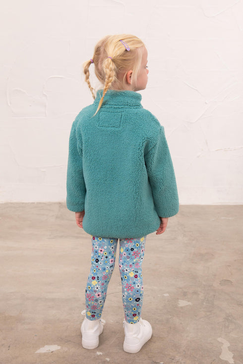 Lighthouse Teal Green Floral Print Funnel Neck Half-Zip Kids Cassie Fleece