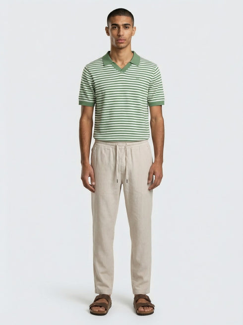Walker & Hunt Milton Knitted Striped Polo Sage Cream 100% Cotton V-Neck