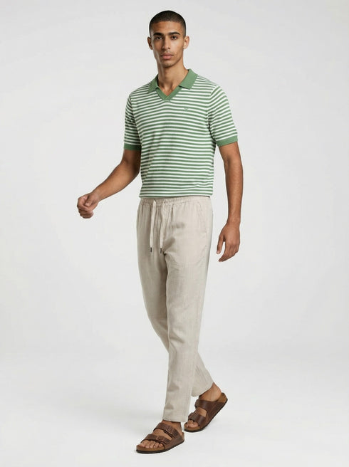 Walker & Hunt Milton Knitted Striped Polo Sage Cream 100% Cotton V-Neck