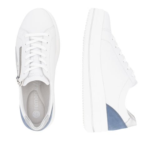 Remonte D1C01-84 Dolla Ella White & Blue Wedge Zip Lace up Trainer