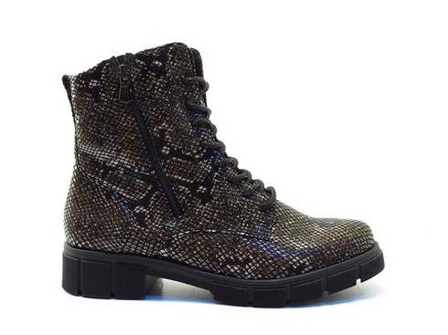 Remonte D2S72-03 Black Brown Combi Croc Lace Comfort Side Zip Ankle Boot