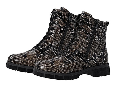 Remonte D2S72-03 Black Brown Combi Croc Lace Comfort Side Zip Ankle Boot