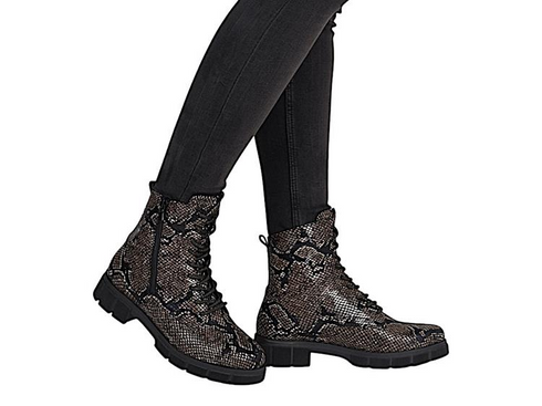 Remonte D2S72-03 Black Brown Combi Croc Lace Comfort Side Zip Ankle Boot
