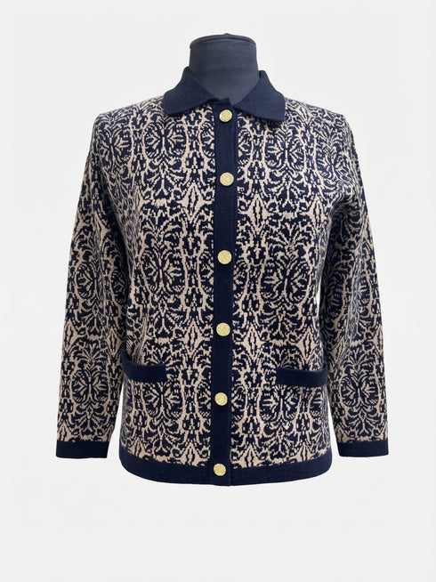 Castle Knitwear Jacquard Pattern Collared Knit Jacket DM192 0045 - Navy
