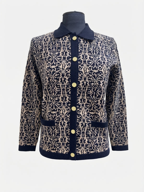 Castle Knitwear Jacquard Pattern Collared Knit Jacket DM192 0045 - Navy