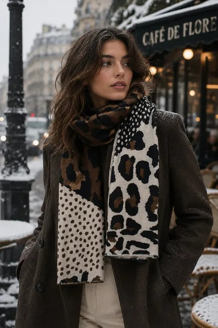 Phanie Mode Leopard & Polka Dot Patchwork Scarf E-68009AH BR - Brown