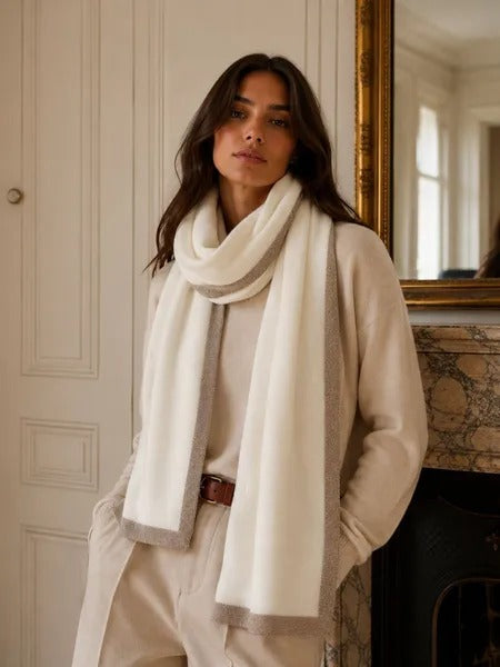 Phanie Mode Wool Blend Scarf with Metallic Lurex Trim E-68028AH - Ecru