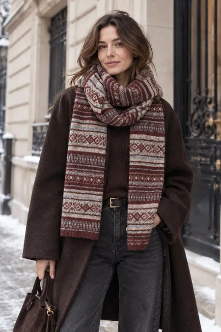 Phanie Mode Fair Isle Ethnic Knit Wool Blend Thick Scarf E-68093AH BU - Burgundy