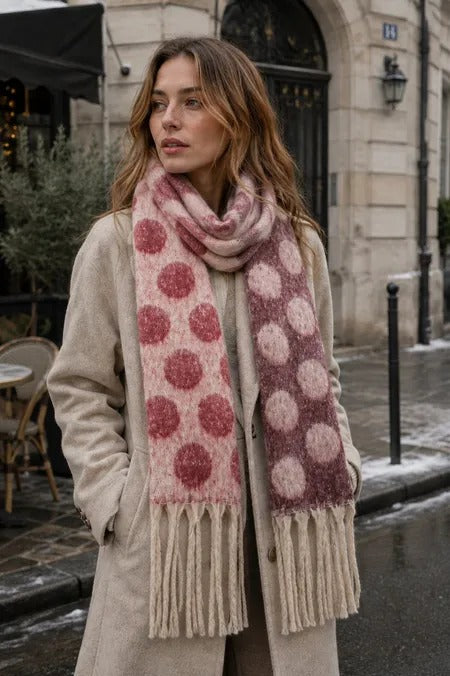 Phanie Mode Two-Tone Polka Dot Wool Blend Fringed Scarf E-68096AH BU - Burgundy