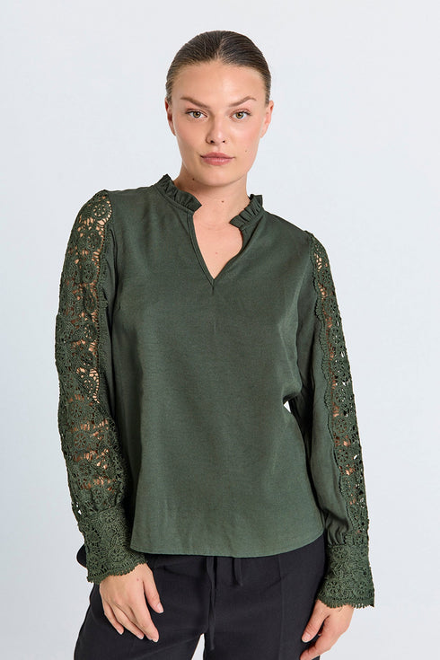 Freequent FQESSA Blouse 205567 - Long Sleeve Blouse with Lace Details