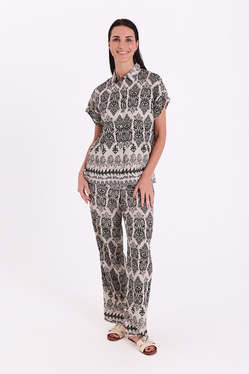 Freequent JONY Pants Beige and Black Patterned Wide Leg 208020