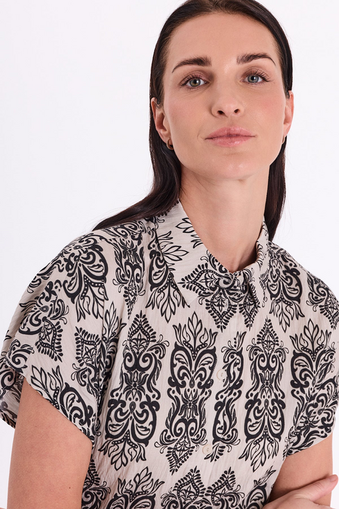 Freequent JONY Shirt Beige and Black Patterned Short Sleeve 208019