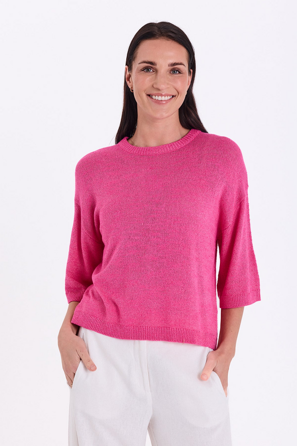 Freequent FQVICKI Short Sleeve Fine Knit Pullover Fuchsia Purple Rose Drop Shoulder 208117