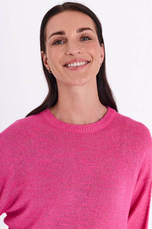 Freequent FQVICKI Short Sleeve Fine Knit Pullover Fuchsia Purple Rose Drop Shoulder 208117