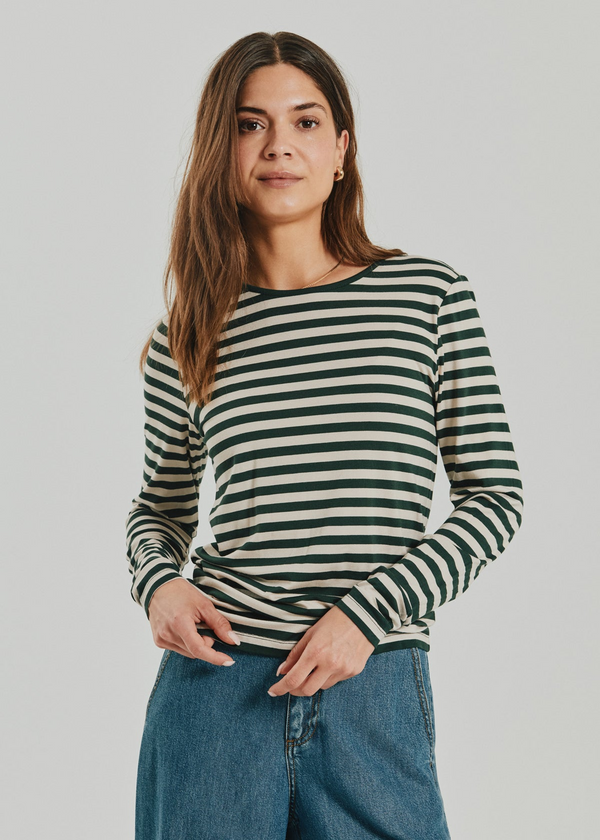Freequent FQLIANA Striped Long-Sleeve Top 207833 Deep Forest Green and Moonbeam