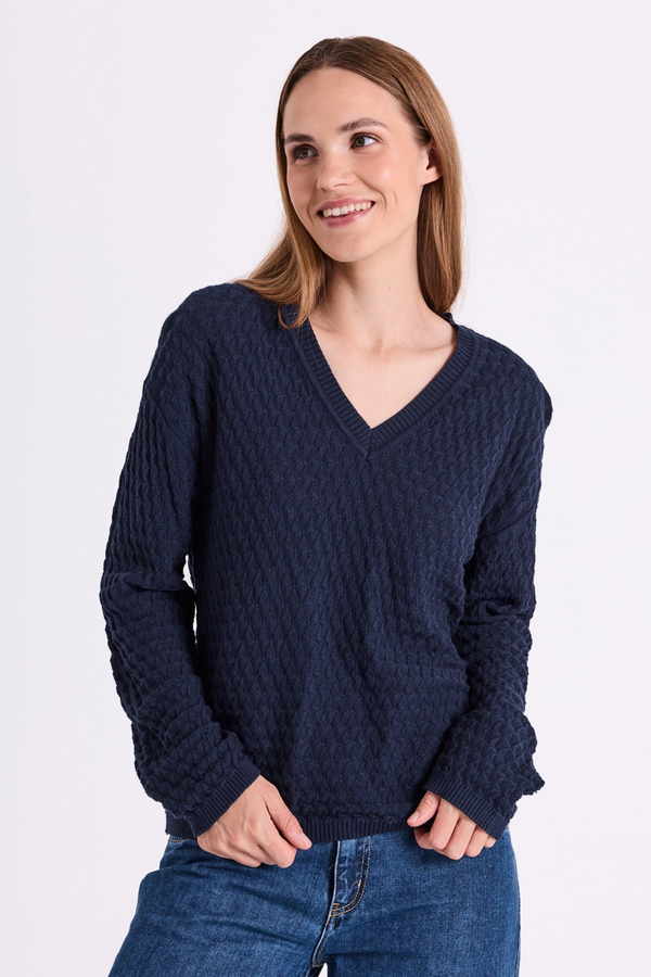 Freequent FQDODO Navy Organic Cotton V-Neck Patterned Pullover 207400