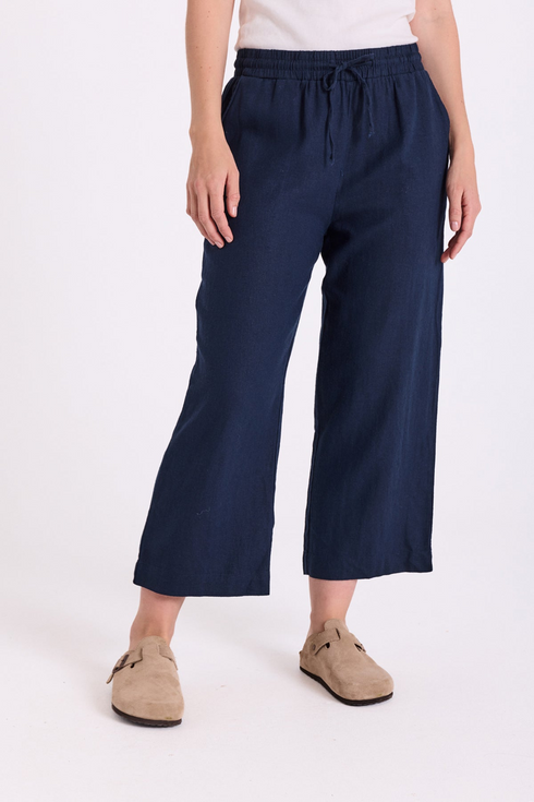 Freequent FQLAVA 7/8 Linen Pants Navy Blazer Elasticated Drawstring Waist