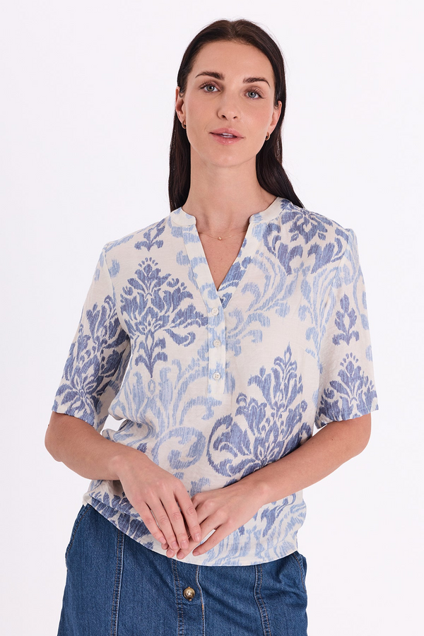 Freequent VESPA Blouse Chambray Blue and Star Off-White V-Neck 207904