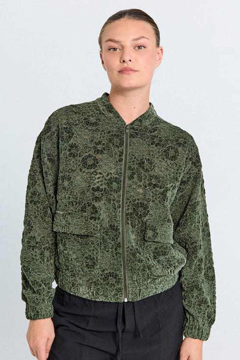 Freequent Green Mesh Bomber Jacket with Velvet Floral – 207142