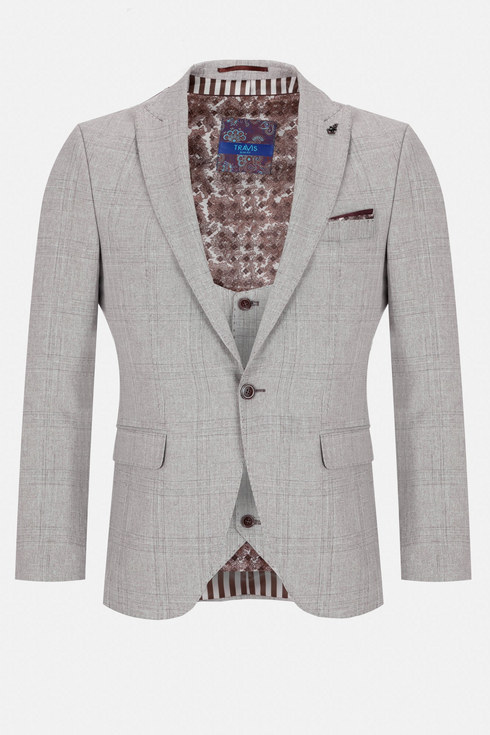 Travis by Benetti Eiffel Three-Piece Stone with a Subtle Check Super Slim Fit Suit