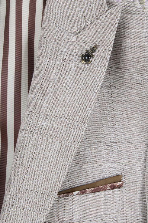 Travis by Benetti Eiffel Three-Piece Stone with a Subtle Check Super Slim Fit Suit