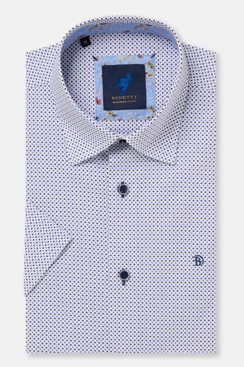Benetti Menswear Finn Blue Short Sleeve Geometric Print Cotton Shirt