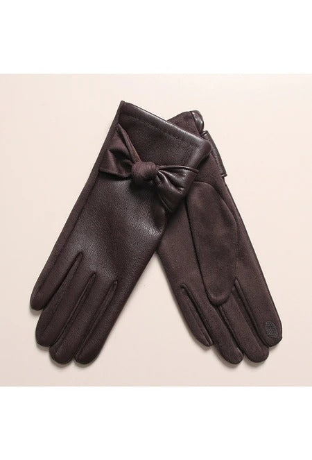 MM Sweet Faux Leather Bow Detail Gloves G1683 CHOC - Chocolate Brown
