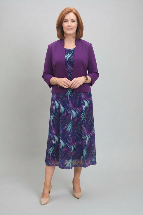 Via Veneto Plum & Mint Pattern Midi Dress and Matching Bolero V94 Mamy