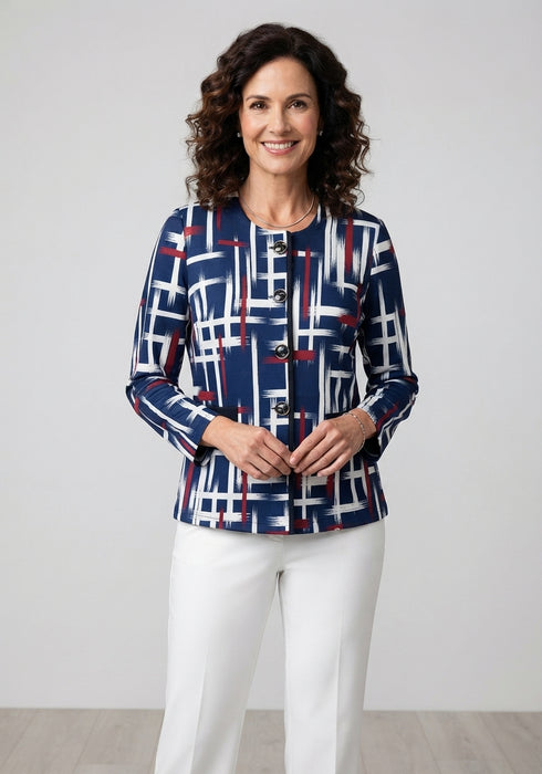 Avalon A49 Grid Print Twinset with Jacket and Top in Navy, Blue and Red