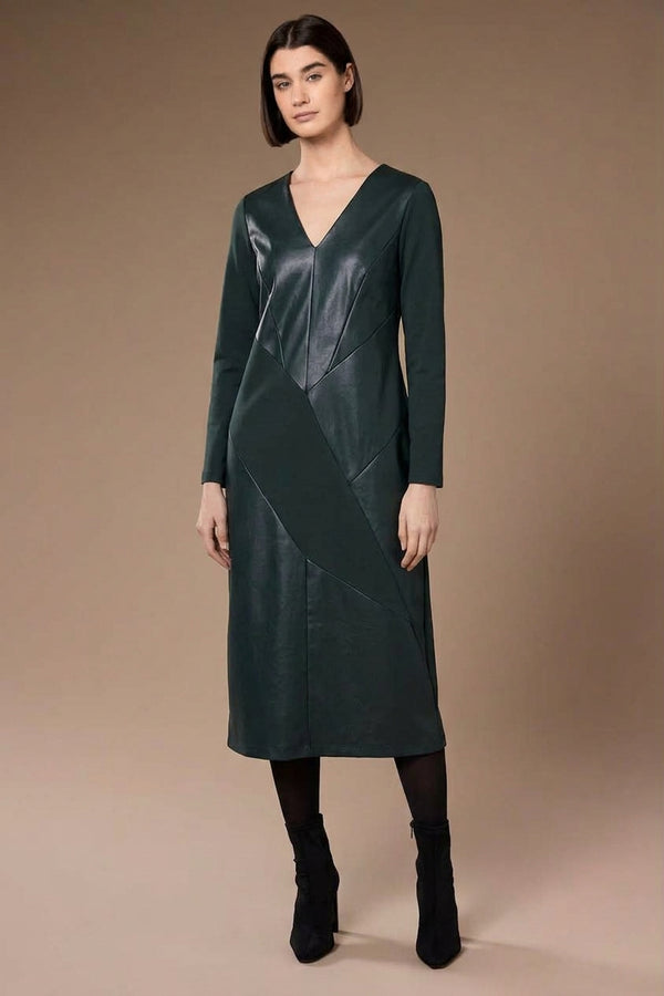 Peruzzi Contrast Faux Leather Panel Midi Dress W26184 - Green