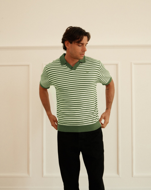 Walker & Hunt Milton Knitted Striped Polo Sage Cream 100% Cotton V-Neck