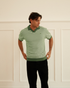 Walker & Hunt Milton Knitted Striped Polo Sage Cream 100% Cotton V-Neck