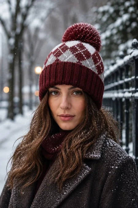 Phanie Mode Argyle Diamond Jacquard Wool Blend Pompom Beanie H-56005AH BU - Burgundy