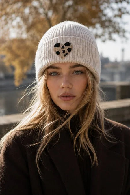 Phanie Mode Ribbed Wool Blend Beanie with Embroidered Leopard Heart Patch H-56019AH BE - Beige