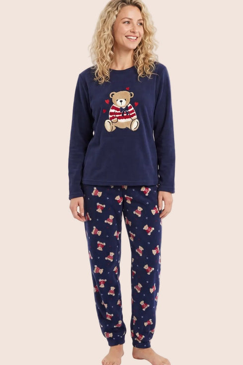 Indigo Sky Teddy Bear Applique Flleece Jogger Pyjama Set IN50032 NVY - Navy