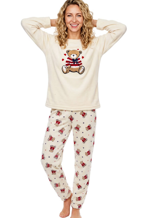 Indigo Sky Teddy Bear Applique Microfleece Jogger Pyjama Set IN50032IVORY - Ivory