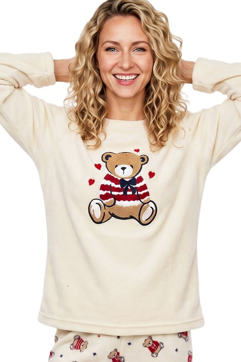 Indigo Sky Teddy Bear Applique Microfleece Jogger Pyjama Set IN50032IVORY - Ivory