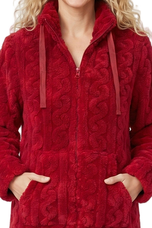 Indigo Sky Womens Cable Effect Fleece Zip Robe IN50055 RED - Red