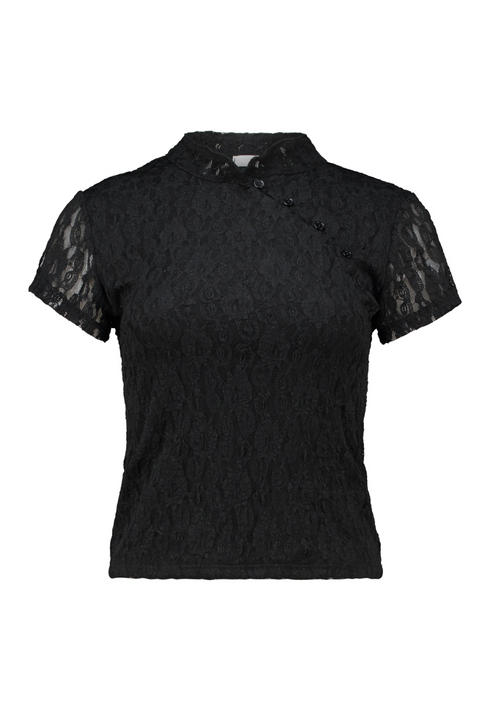 Hailys Womens Na44dire Asymmetric Button Lace Short Sleeve Top JY-21070 - Black