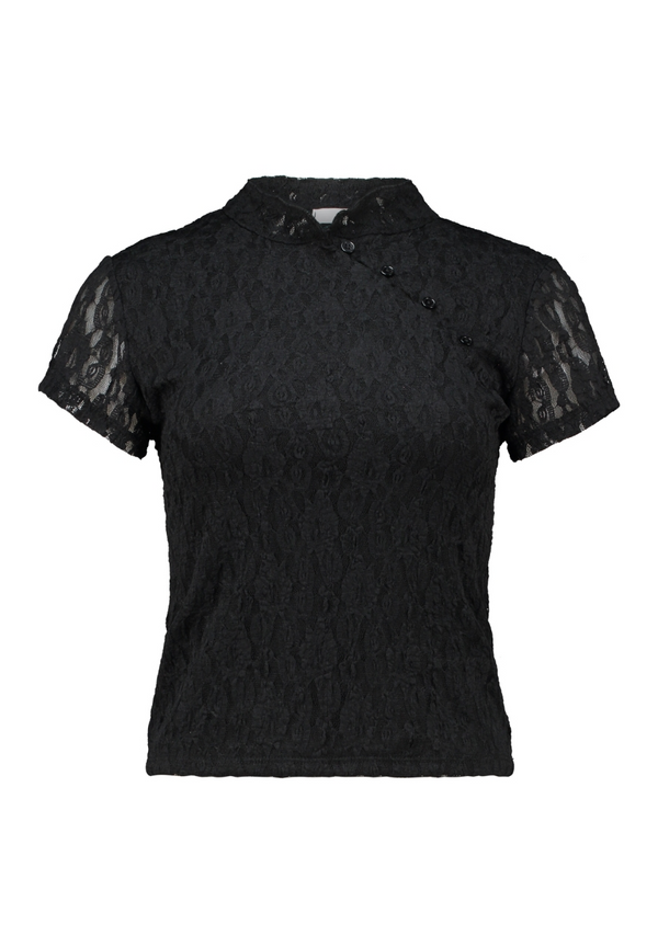Hailys Womens Na44dire Asymmetric Button Lace Short Sleeve Top JY-21070 - Black