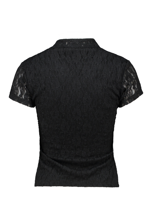 Hailys Womens Na44dire Asymmetric Button Lace Short Sleeve Top JY-21070 - Black