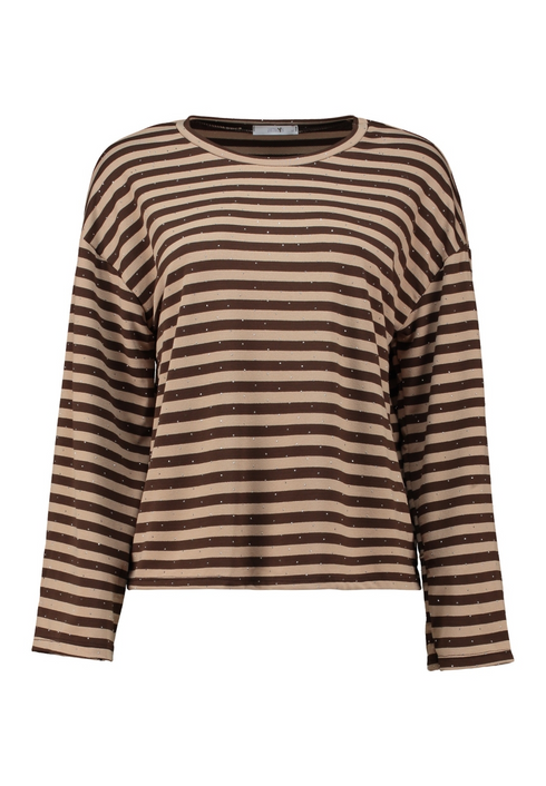 Hailys Womens Pa44vella Long Sleeve Striped Rhinestone Top JY-21133 - Beige/Cocoa Stripe